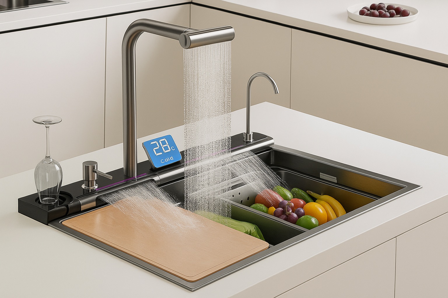 Medium-duty amenity kitchen sink with faucet and dispenser